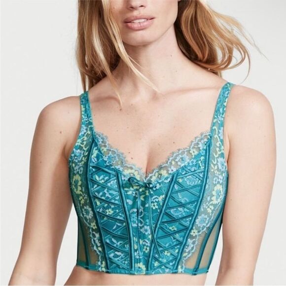VICTORIA’S SECRET | Teal Green Floral Lace Up Look Corset Top Women’s Size M - Picture 1 of 10